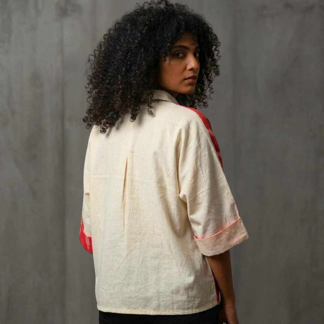 Unbleached Cotton Ikat Half-Half Anti-Fit Shirt - Embroidered Cat