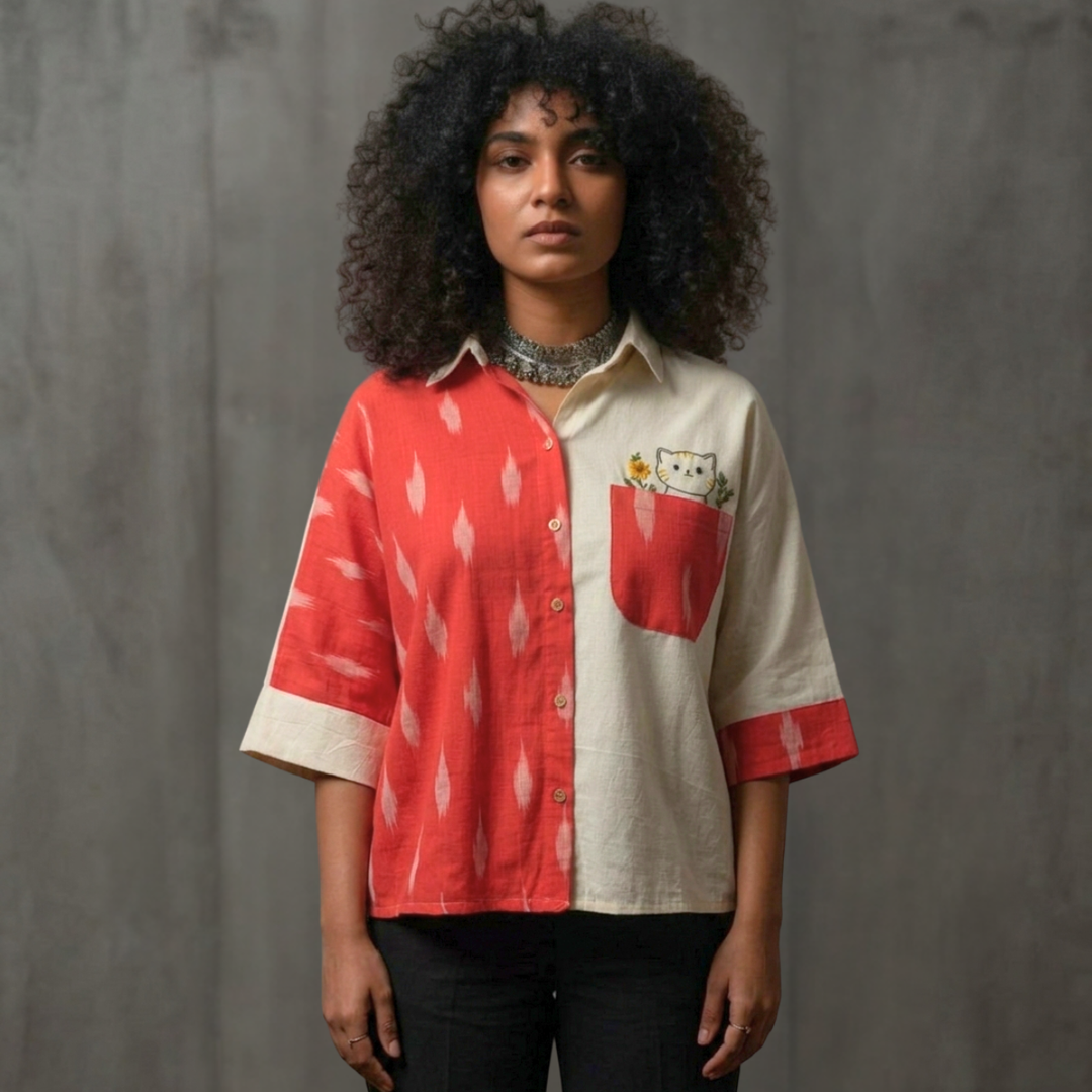 Unbleached Cotton Ikat Half-Half Anti-Fit Shirt - Embroidered Cat