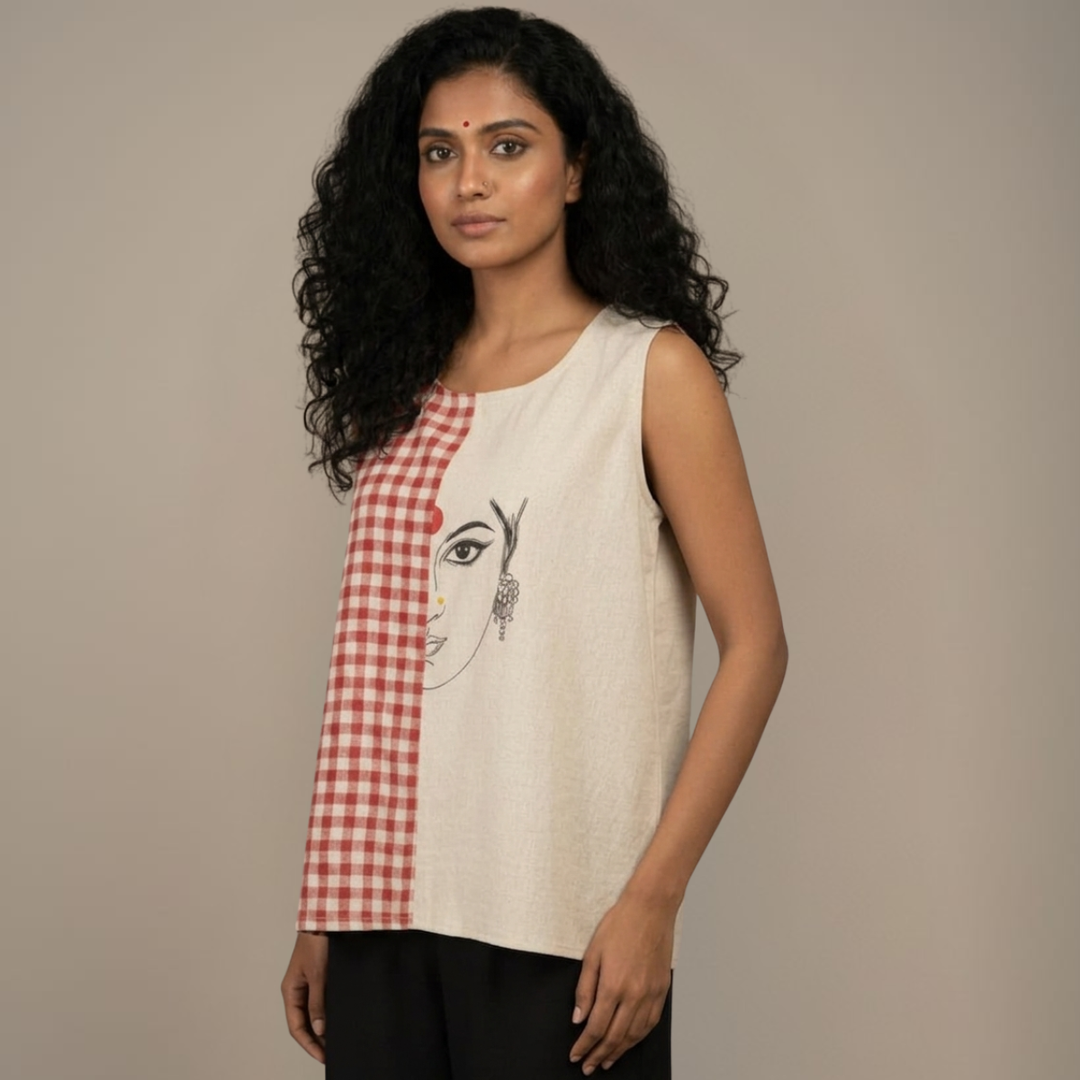 Unbleached Cotton & Gamcha Top | Hand-Painted Devi