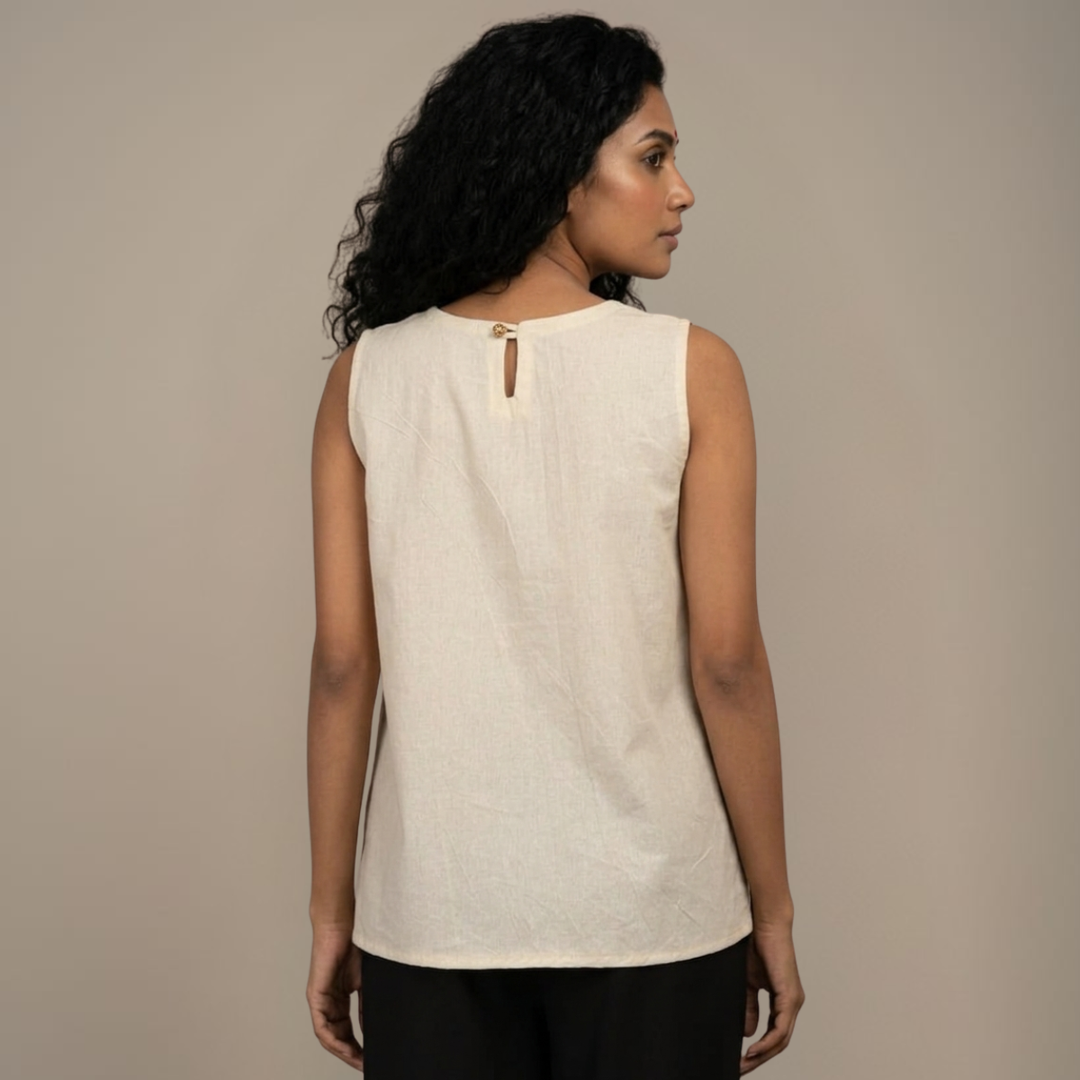 Unbleached Cotton & Gamcha Top | Hand-Painted Devi