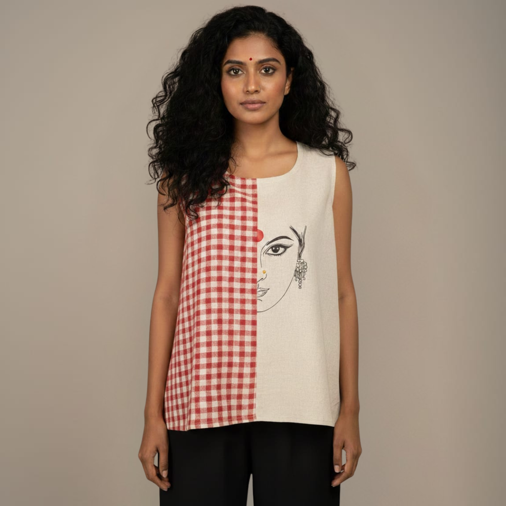 Unbleached Cotton & Gamcha Top | Hand-Painted Devi