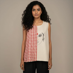 Unbleached Cotton & Gamcha Top | Hand-Painted Devi