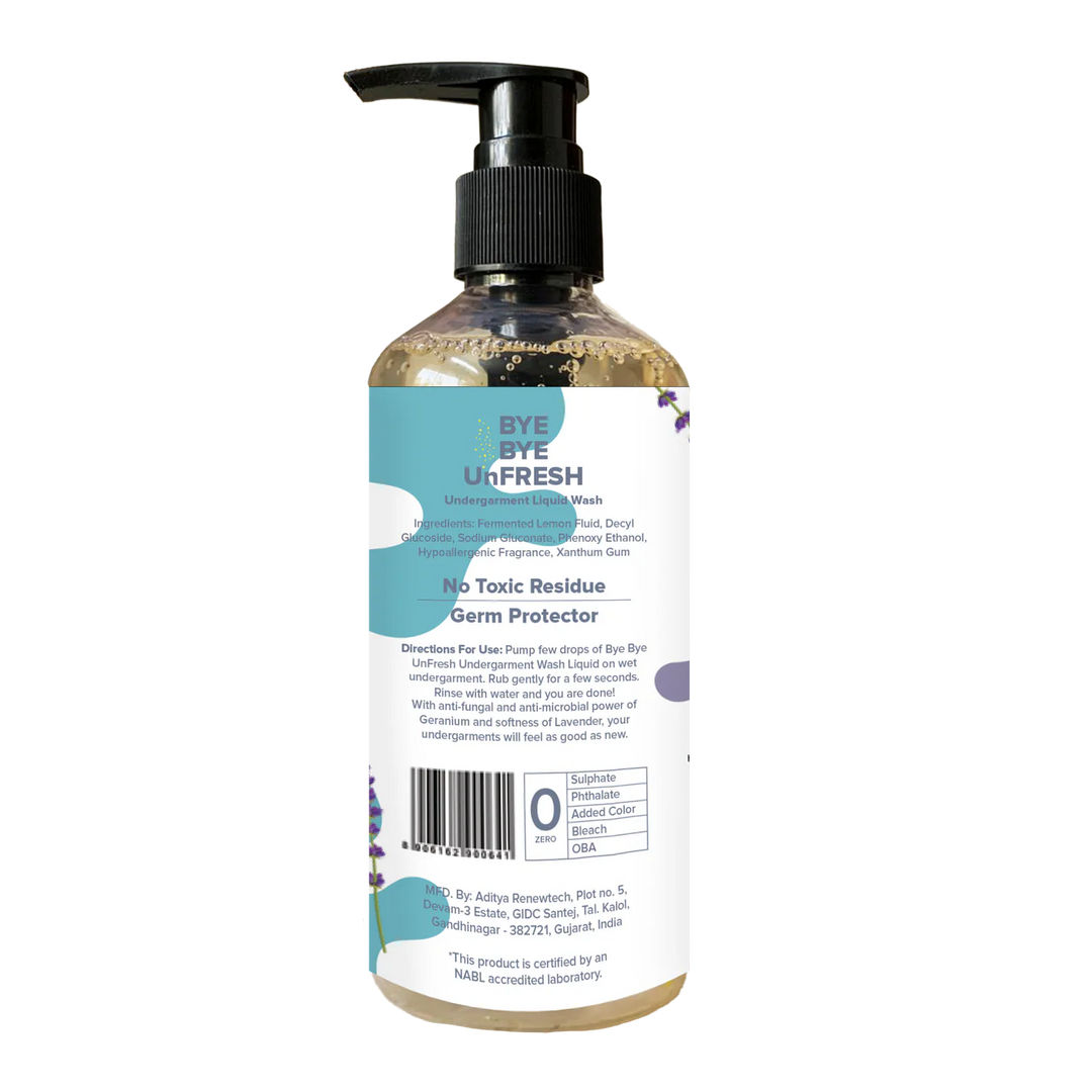 Undergarment Liquid Wash Detergent -Bye Bye UnFresh | Plant-based Bioactives | Geranium and Lavender | Removes Tough Stains | No Toxic Residue | Germ Protection