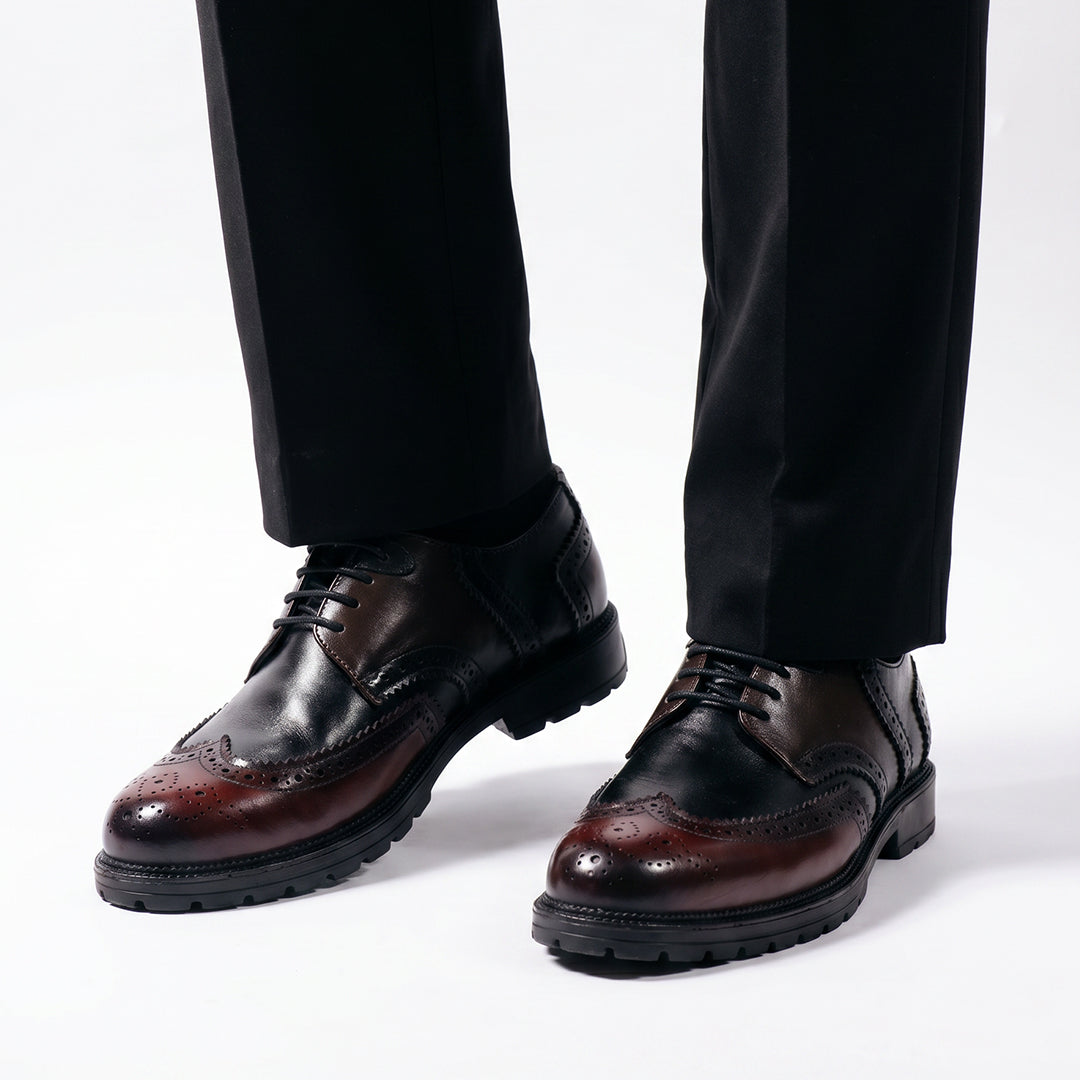 Monkstory Atelier 1900 Wingtip Tricolor Brogue Lace-Ups – Burgundy, Black & Brown