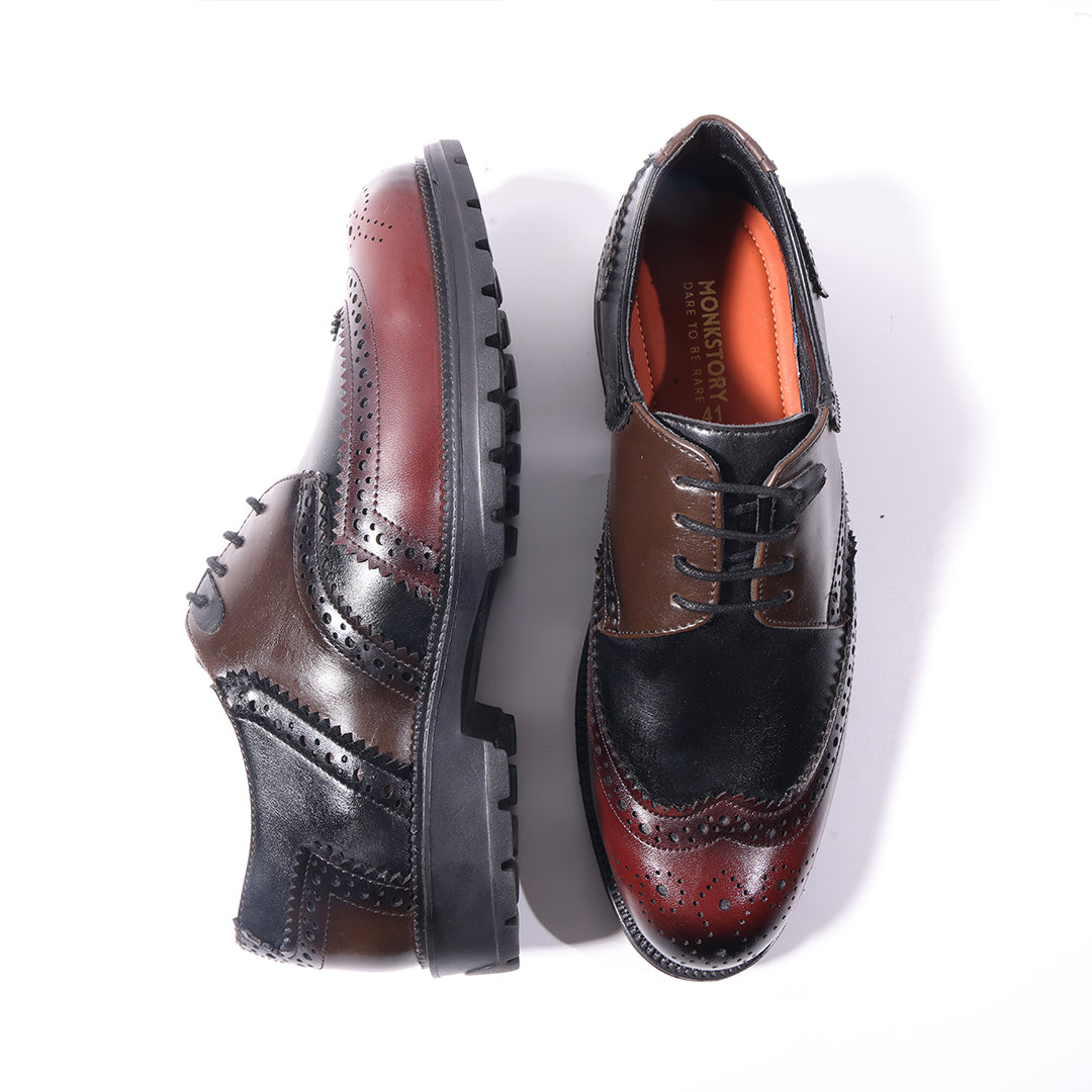 Monkstory Atelier 1900 Wingtip Tricolor Brogue Lace-Ups – Burgundy, Black & Brown
