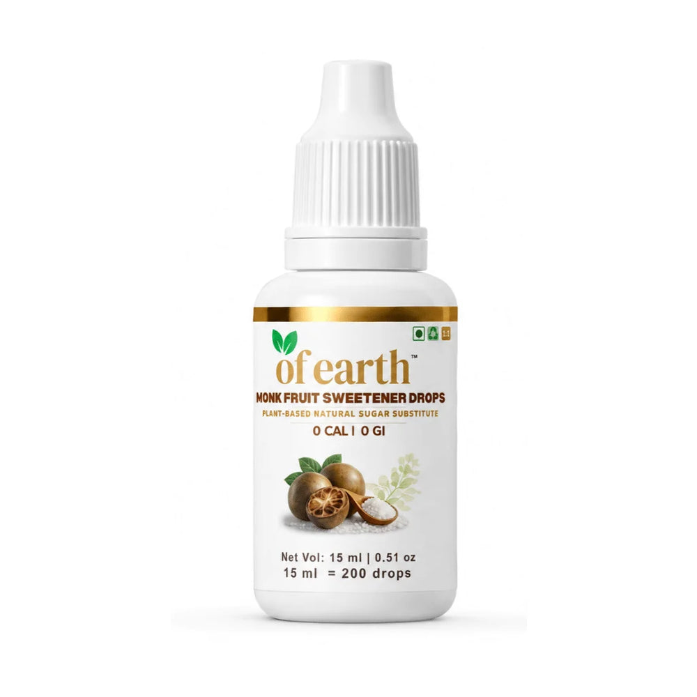 Of Earth Monk Fruit Sweetener | Pure Extract- No Erythritol, No Allulose | Zero- Glycemic Index Sugar Substitute | 1:1 Sugar Replacer for Tea, Coffee, Drinks | Plant-Based | Keto, Vegan & Diabetic Friendly | 1 drop = 1 spoon sugar | 15 ml
