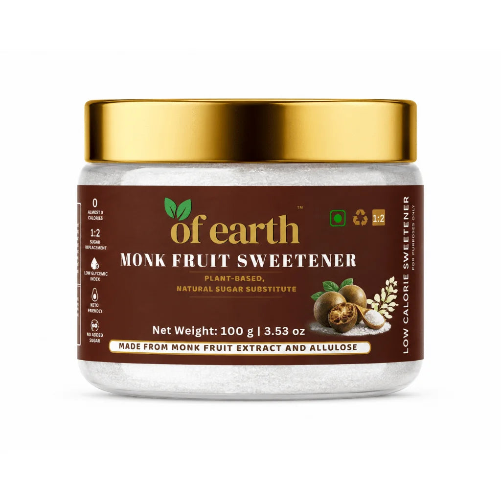 Of Earth Monk Fruit Sweetener With Allulose | Zero-Glycemic Index, Low Calorie Sugar Substitute | EASY 1:2 Sugar Replacement for Tea, Coffee, Cooking & Baking | Plant-Based | Keto, Vegan & Diabetic Friendly | 100g