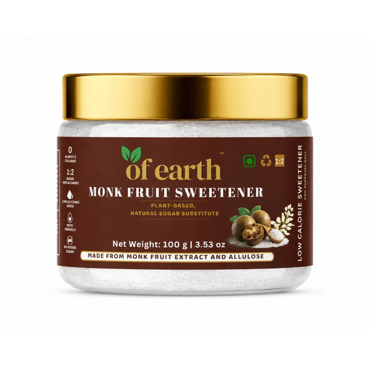 Of Earth Monk Fruit Sweetener With Allulose | Zero-Glycemic Index, Low Calorie Sugar Substitute | EASY 1:2 Sugar Replacement for Tea, Coffee, Cooking & Baking | Plant-Based | Keto, Vegan & Diabetic Friendly | 100g