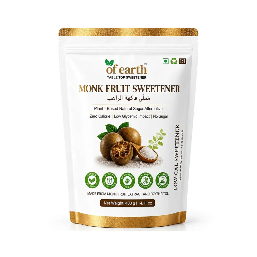 Of Earth Monk Fruit Sweetener With Erythritol | Zero-Glycemic Index, Low Calorie Sugar Substitute | 1:1 Sugar Replacer for Tea, Coffee, Drinks, Cooking & Baking | Plant-Based Monk Fruit Sweetener | Keto, Vegan & Diabetic Friendly | 400g