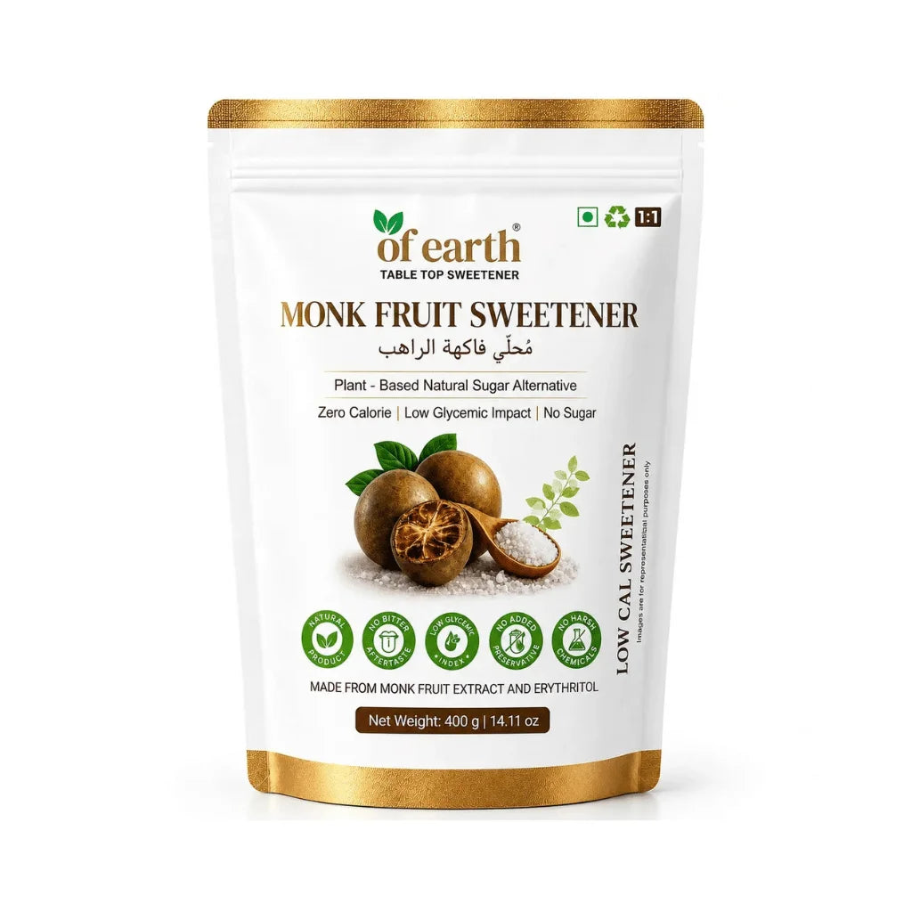 Of Earth Monk Fruit Sweetener With Erythritol | Zero-Glycemic Index, Low Calorie Sugar Substitute | 1:1 Sugar Replacer for Tea, Coffee, Drinks, Cooking & Baking | Plant-Based Monk Fruit Sweetener | Keto, Vegan & Diabetic Friendly | 400g