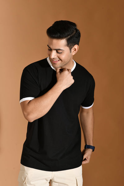 Organic Bamboo Round Neck T-Shirt with Contrast Tipping for Men : Black