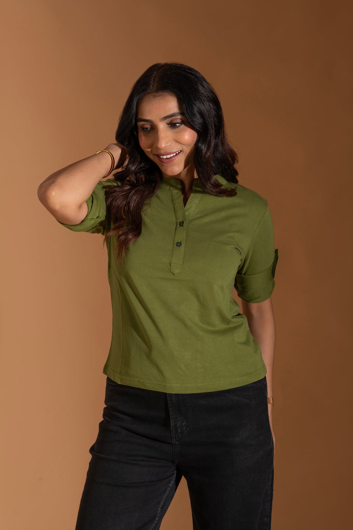 Earthy Emerald Button Top