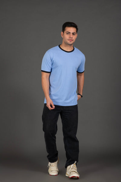 Organic Bamboo Round Neck T-Shirt with Contrast Tipping for Men : Blue