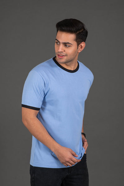 Organic Bamboo Round Neck T-Shirt with Contrast Tipping for Men : Blue