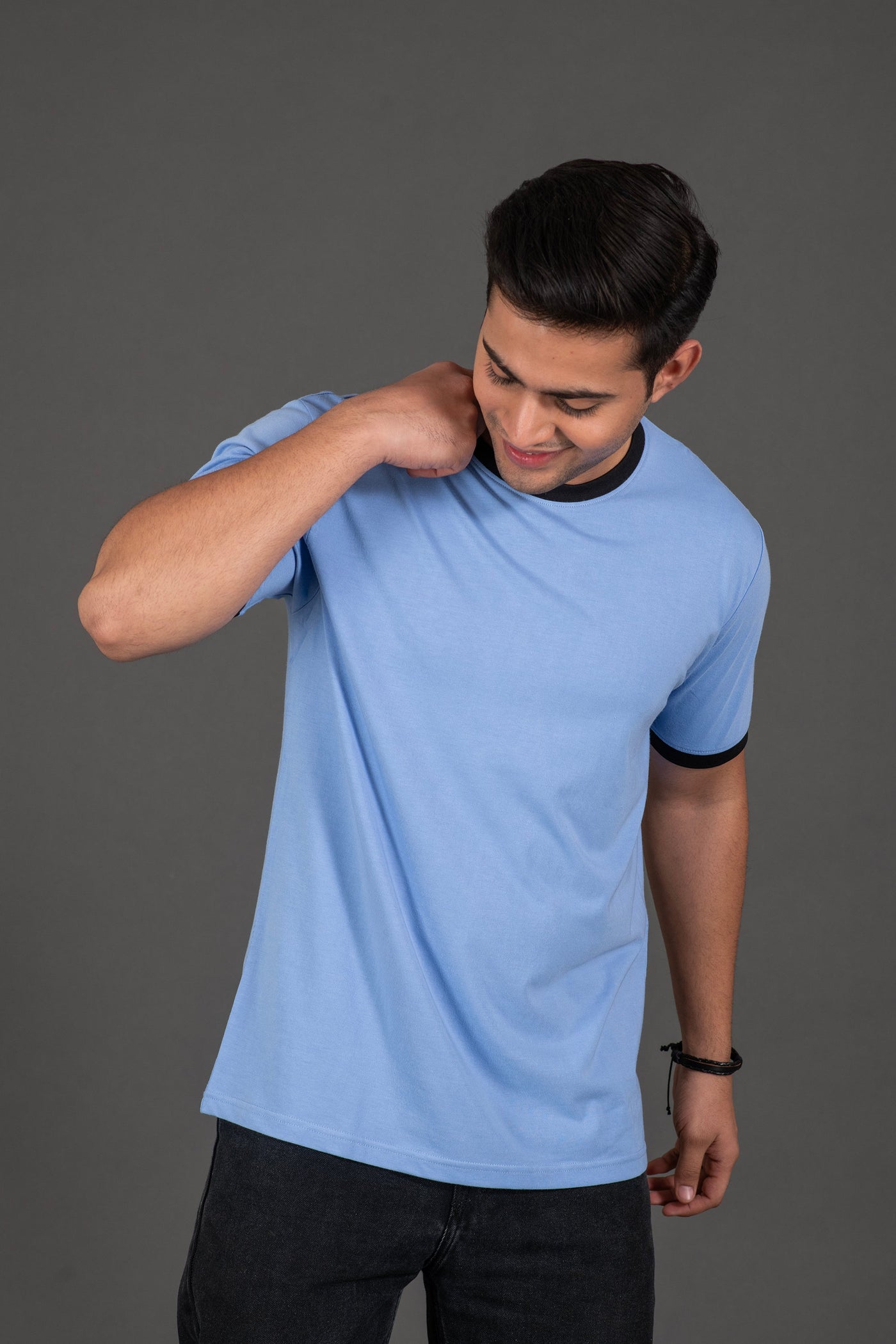 Organic Bamboo Round Neck T-Shirt with Contrast Tipping for Men : Blue