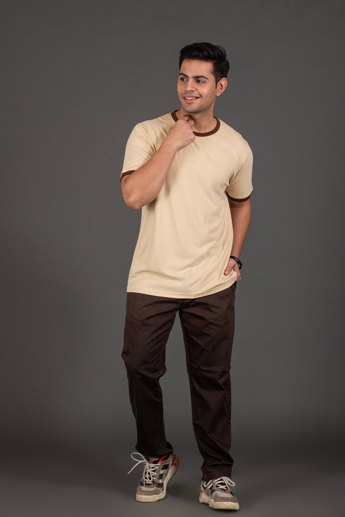 Organic Bamboo Round Neck T-Shirt with Contrast Tipping for Men : Beige