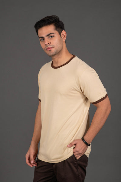 Organic Bamboo Round Neck T-Shirt with Contrast Tipping for Men : Beige