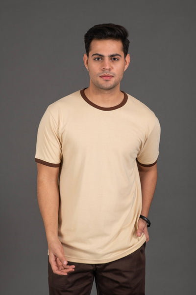 Organic Bamboo Round Neck T-Shirt with Contrast Tipping for Men : Beige