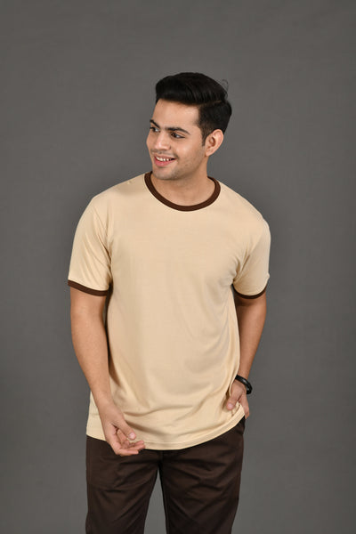 Organic Bamboo Round Neck T-Shirt with Contrast Tipping for Men : Beige