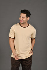 Bambians Organic Bamboo Round Neck T-Shirt with Contrast Tipping for Men : Beige