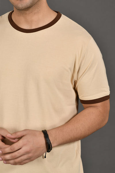 Organic Bamboo Round Neck T-Shirt with Contrast Tipping for Men : Beige