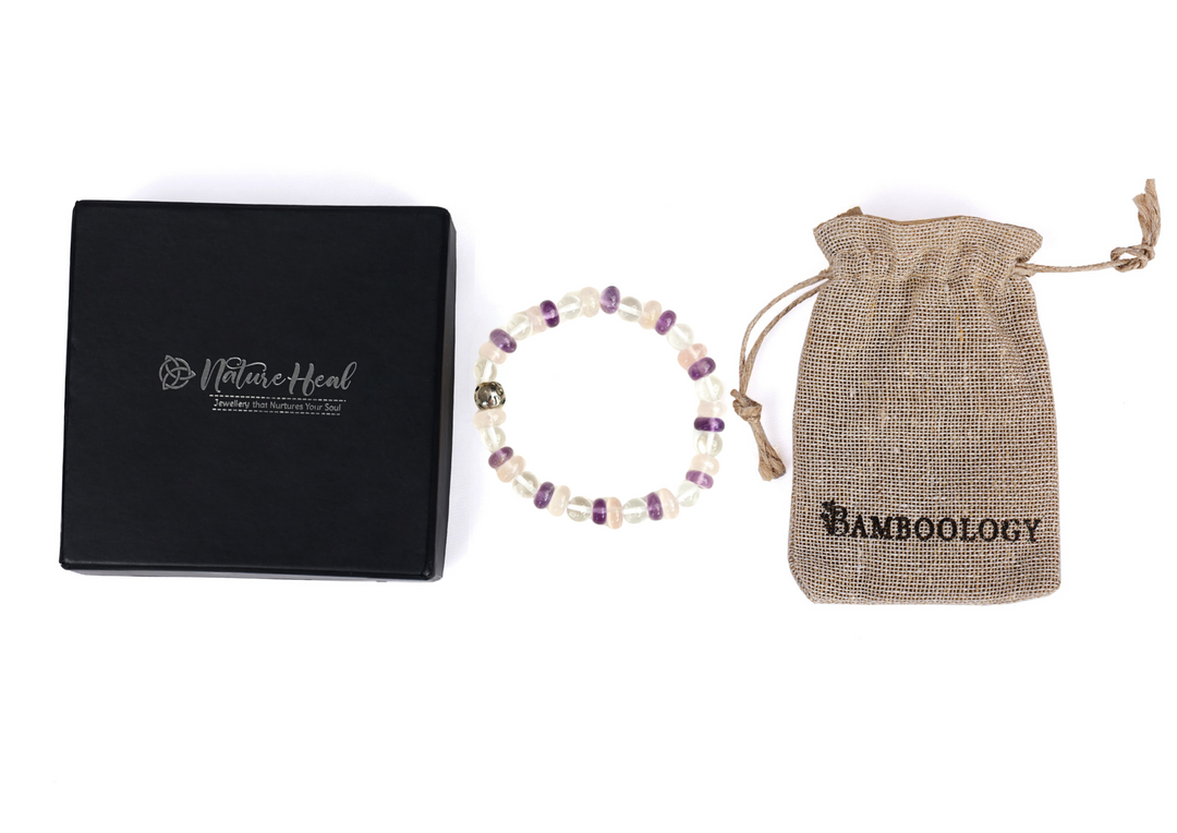 Bamboology Trends Amethyst, rose quartz and clear quartz bracelet for strength, love and fulfilling relationship