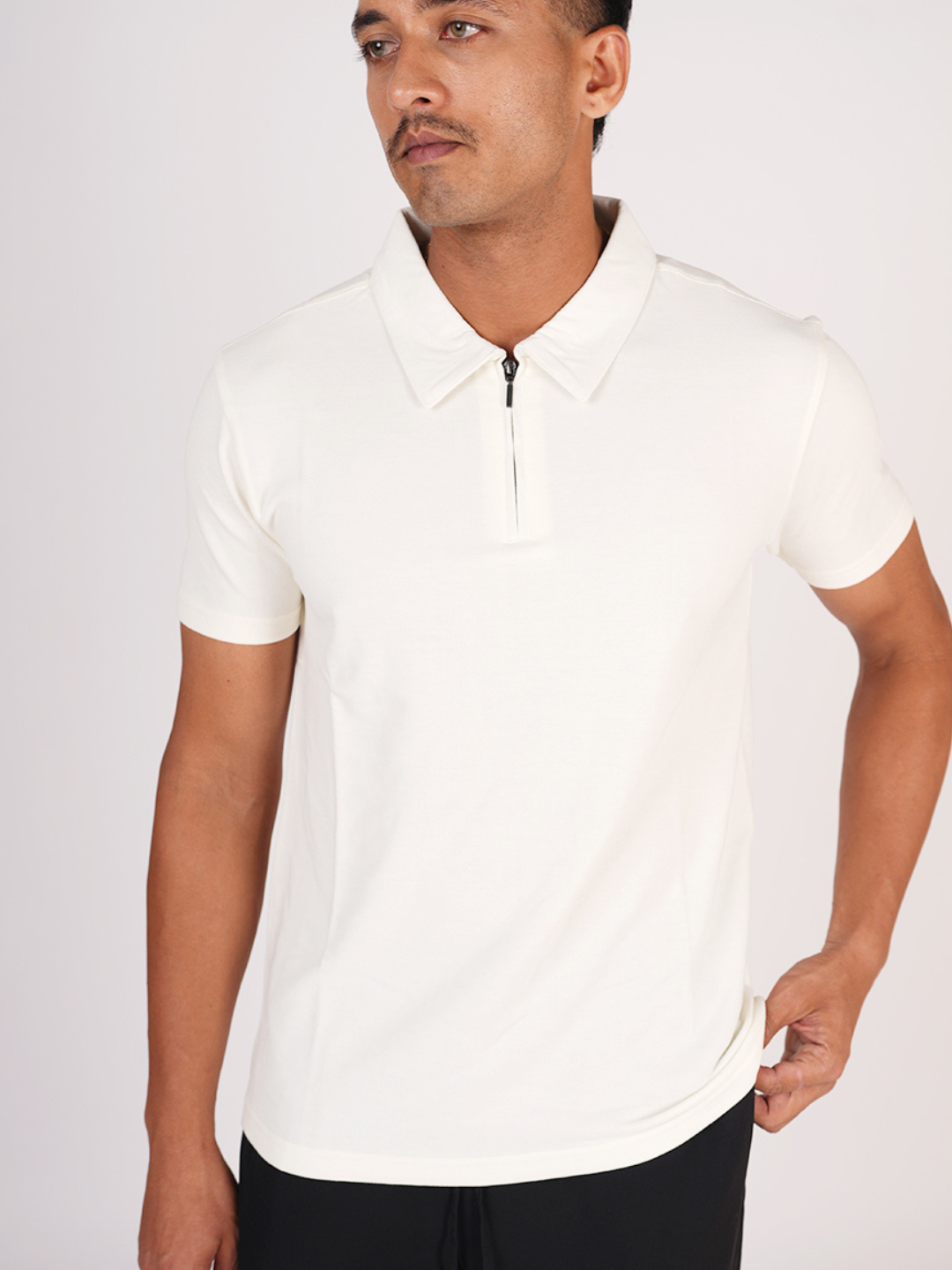 Monkstory Bamboo Cotton Zip-Polo Tee - Off-White