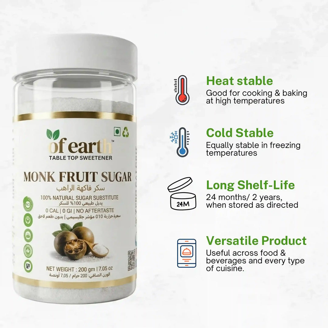 Of Earth Monk Fruit Sweetener With Erythritol | Zero-Glycemic Index, Low Calorie Sugar Substitute | 1:1 Sugar Replacer for Tea, Coffee, Drinks, Cooking & Baking | Plant Based | Keto, Vegan & Diabetic Friendly | 200g