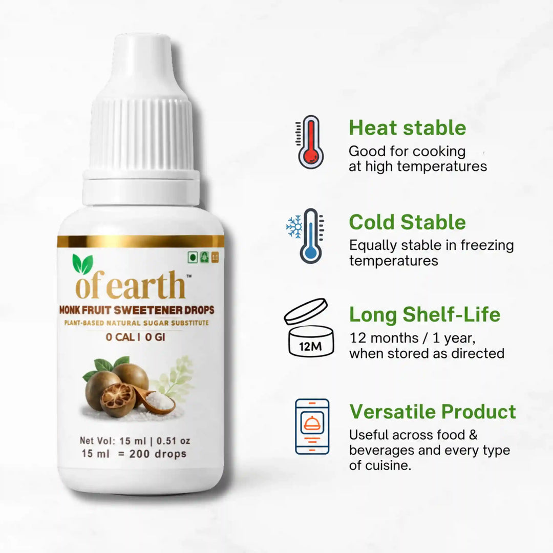 Of Earth Monk Fruit Sweetener | Pure Extract- No Erythritol, No Allulose | Zero- Glycemic Index Sugar Substitute | 1:1 Sugar Replacer for Tea, Coffee, Drinks | Plant-Based | Keto, Vegan & Diabetic Friendly | 1 drop = 1 spoon sugar | 15 ml