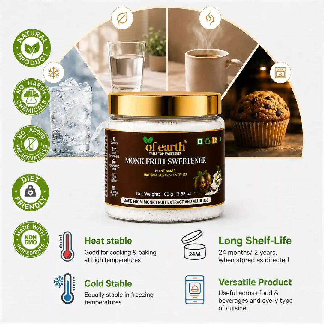 Of Earth Monk Fruit Sweetener With Allulose | Zero-Glycemic Index, Low Calorie Sugar Substitute | EASY 1:2 Sugar Replacement for Tea, Coffee, Cooking & Baking | Plant-Based | Keto, Vegan & Diabetic Friendly | 100g