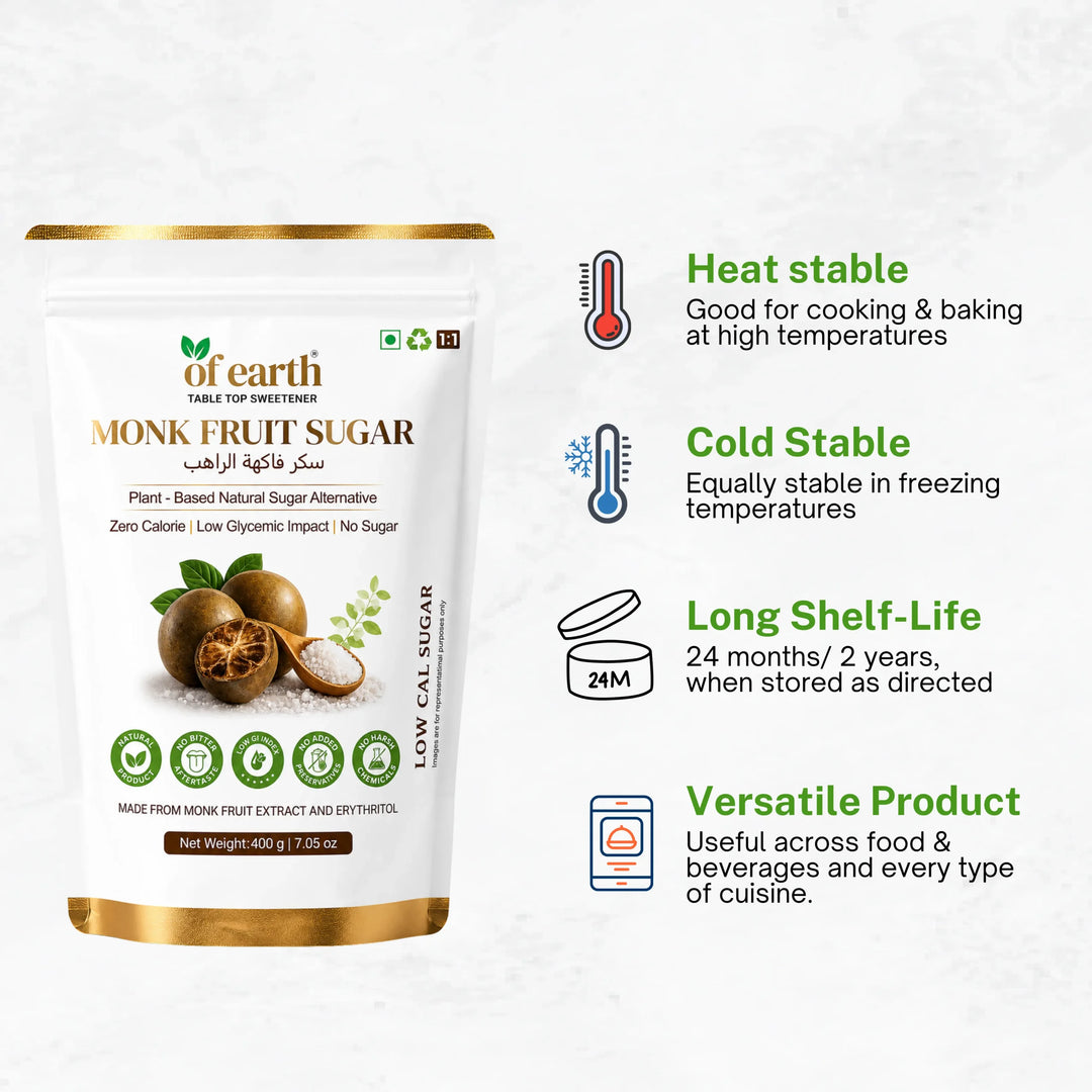Of Earth Monk Fruit Sweetener With Erythritol | Zero-Glycemic Index, Low Calorie Sugar Substitute | 1:1 Sugar Replacer for Tea, Coffee, Drinks, Cooking & Baking | Plant-Based Monk Fruit Sweetener | Keto, Vegan & Diabetic Friendly | 400g