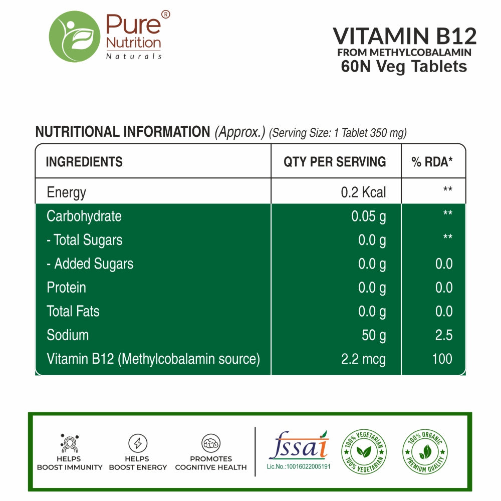Vitamin B12 Methylcobalamin - 60 Vegetarian Tablets | Supports Energy and Overall Wellness for Men and Women