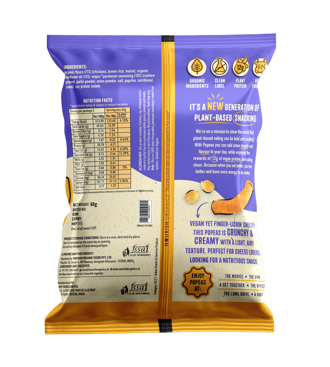 NOURISH ORGANICS Vegan Parmesan Protein Puffs - Pack of 12, (60G)