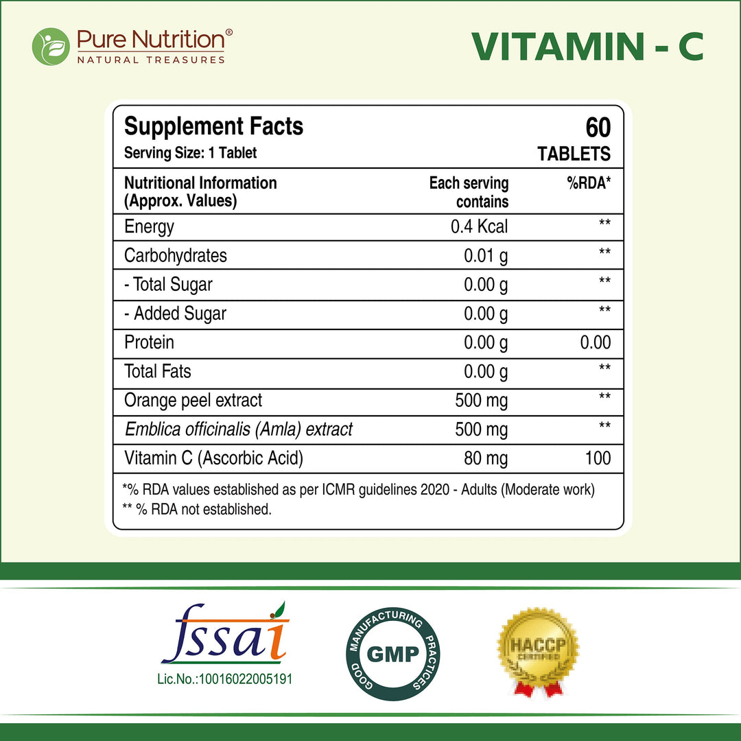 Vitamin C 1250mg -60 tablets with Orange Peel & Amla Extract for Skin & Immunity