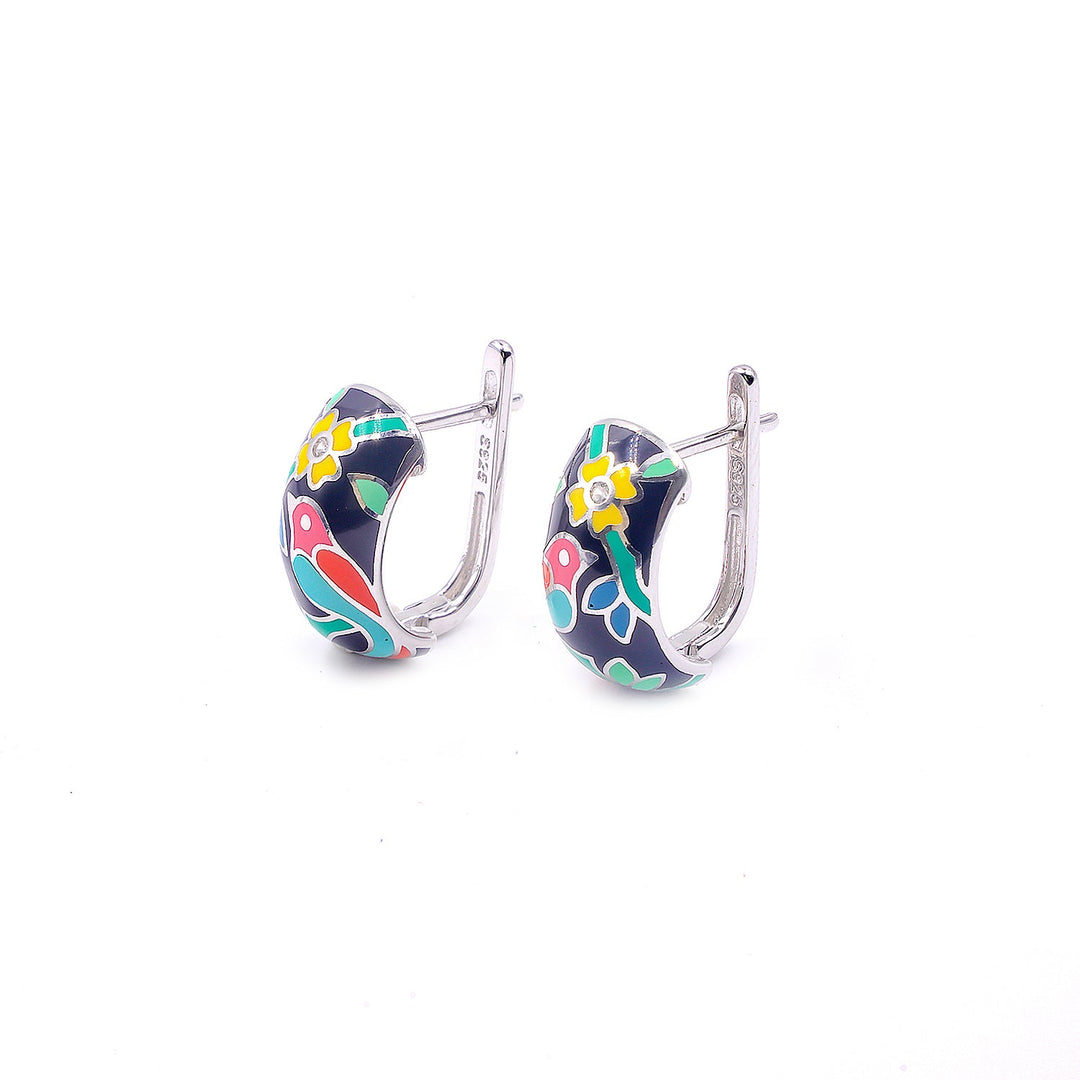 Floral Enamel Diamond High top Earrrings