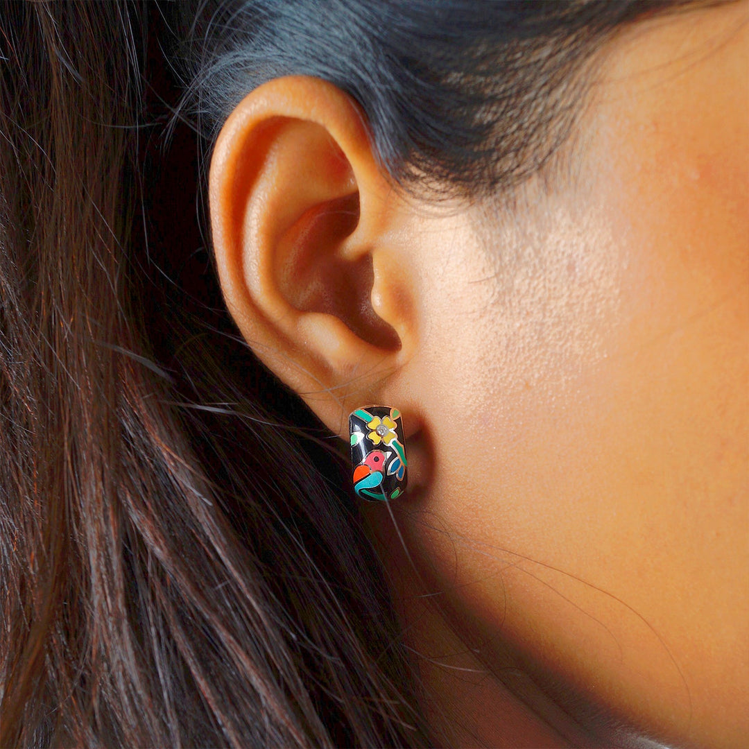 Floral Enamel Diamond High top Earrrings