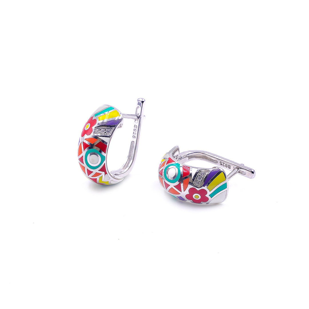 Floral Enamel Diamond High top Earrrings