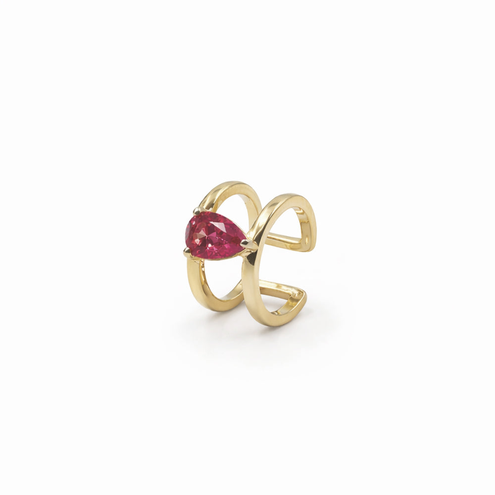 Drop diamond Minimal Ear Cuff -gold finish with Red stone