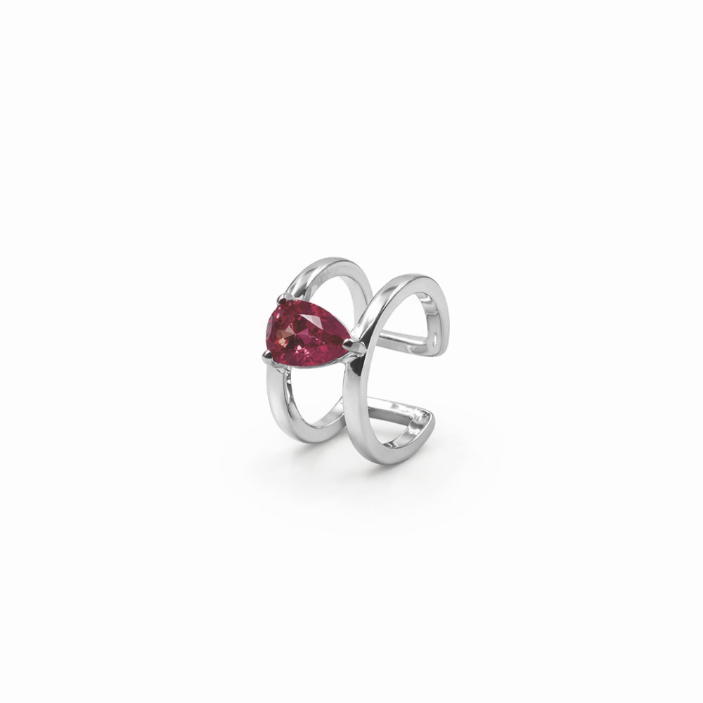 Drop diamond Minimal Ear Cuff-silver finish with Red stone