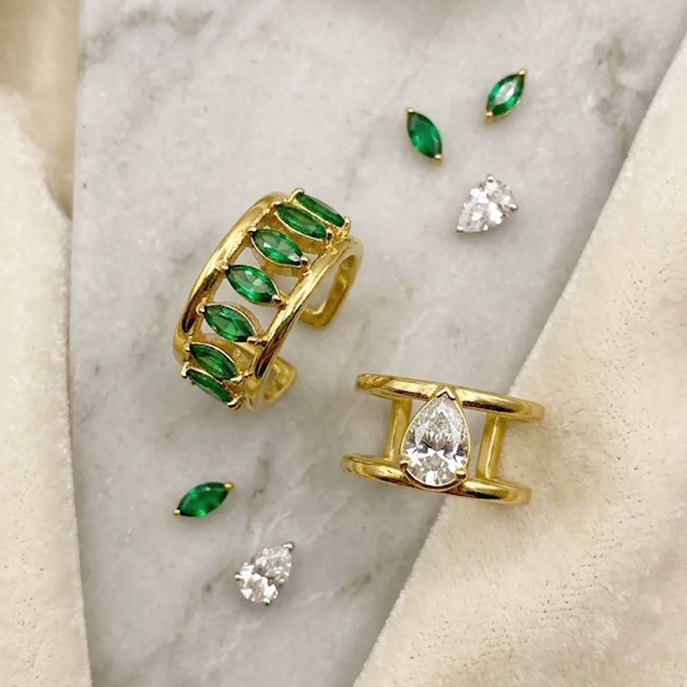 Marquise diamond Minimal Ear Cuff with-green stone