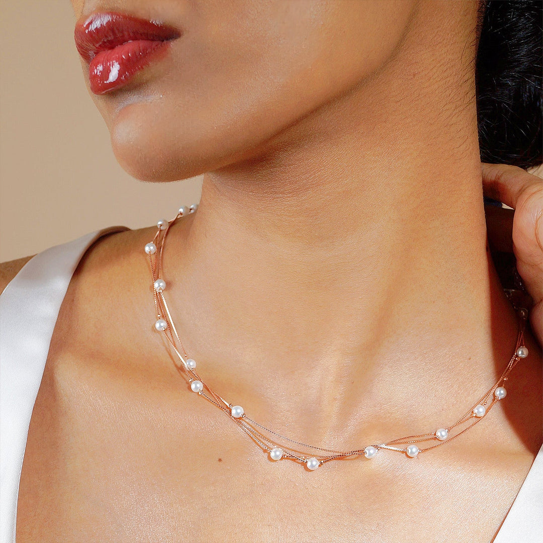 Multi layer Classic Pearl chain in Rose gold finish