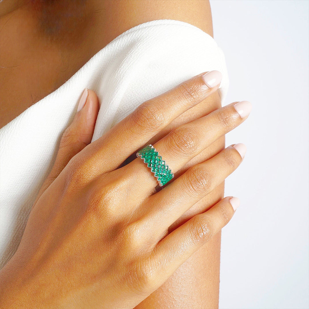 Emerald stone eternity ring in 925 sterling silver