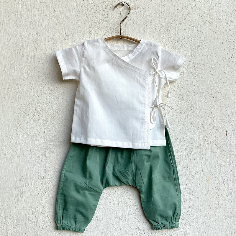 Whitewater Kids Unisex Organic Essential White Angrakha Top + Mint Pants