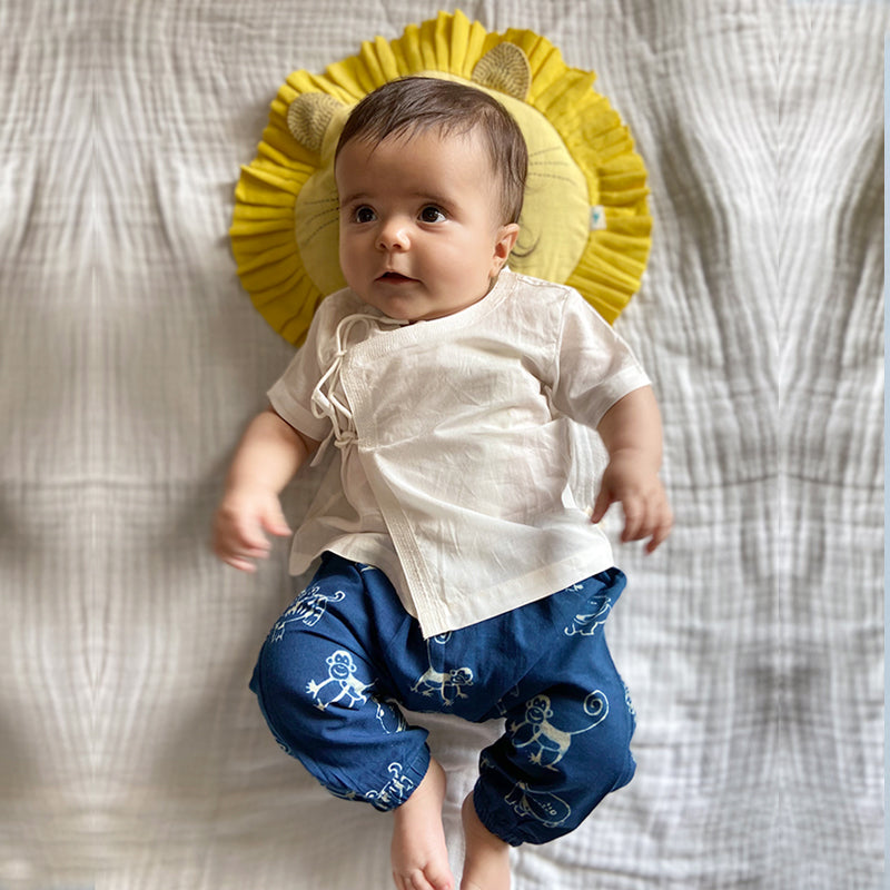 Whitewater Kids Unisex Organic White Angrakha Top + Zoo Print Indigo Pants
