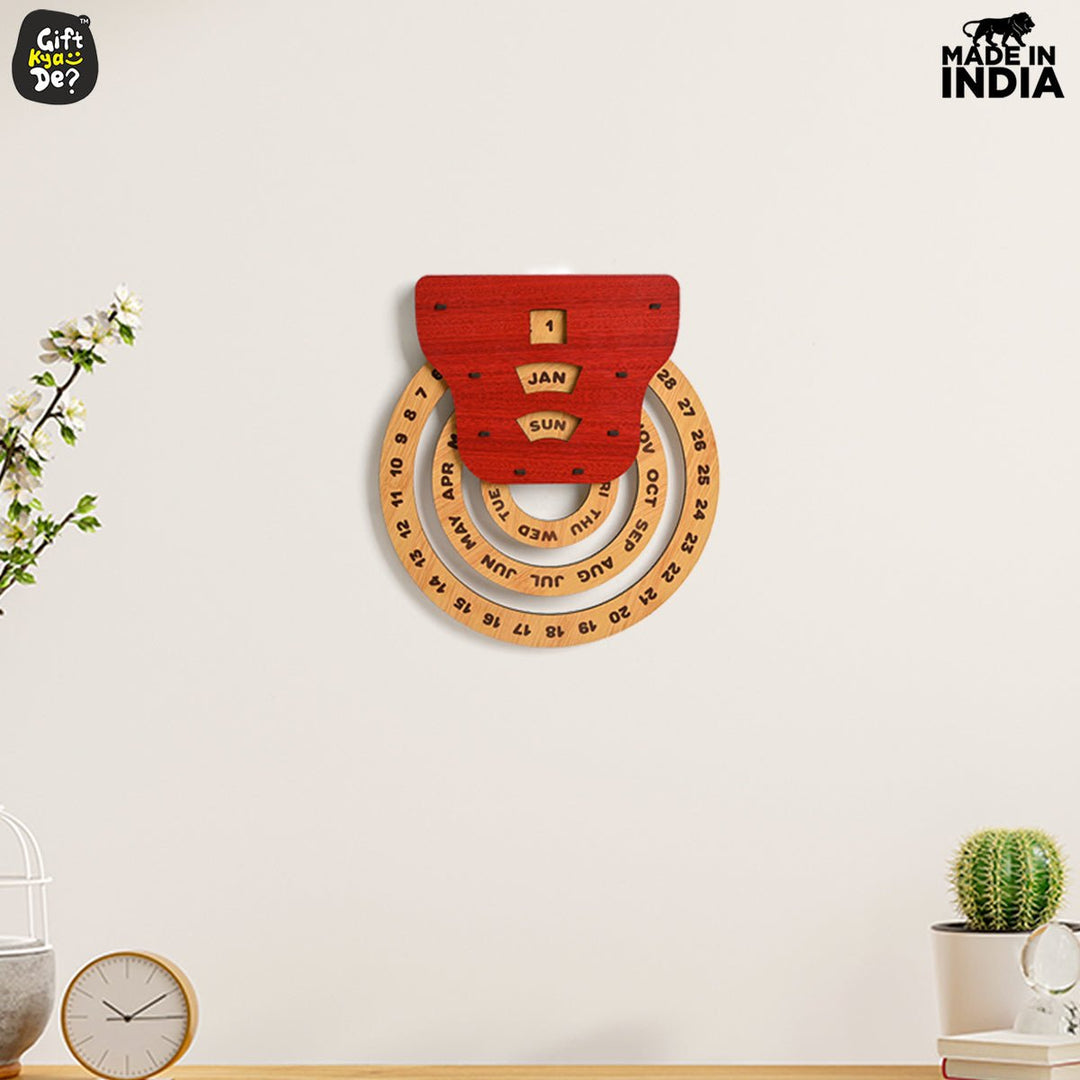Gift Kya De Infinite Circular Wall Calendar (Red Theme) | Wood Calendar & Test Tube Planter | New Year Gift