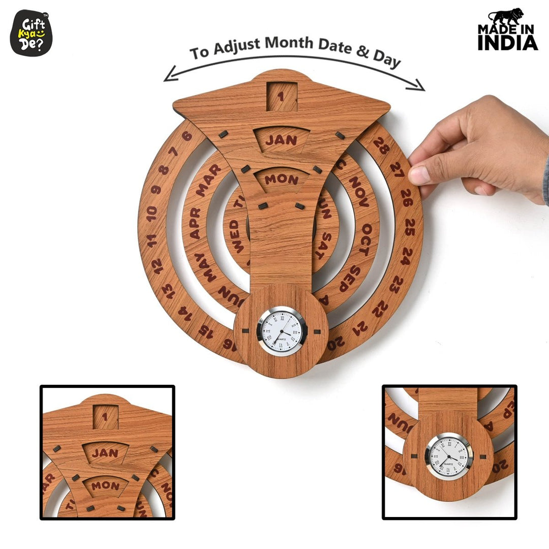 Gift Kya De Infinite Circular Wall Calendar (Dark Wood Theme) | Wood Calendar & Test Tube Planter | New Year Gift