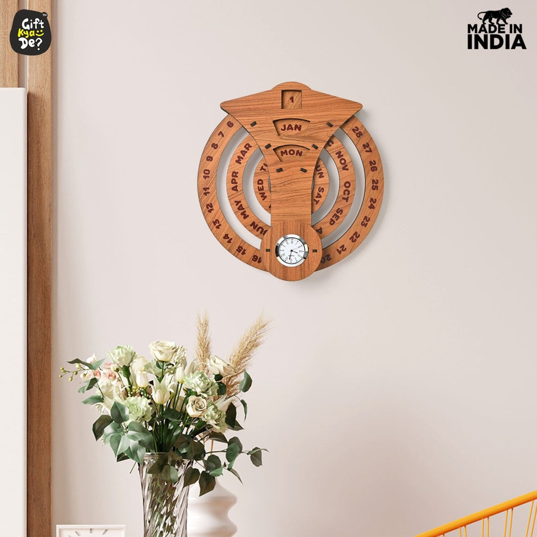 Gift Kya De Infinite Circular Wall Calendar (Dark Wood Theme) | Wood Calendar & Test Tube Planter | New Year Gift
