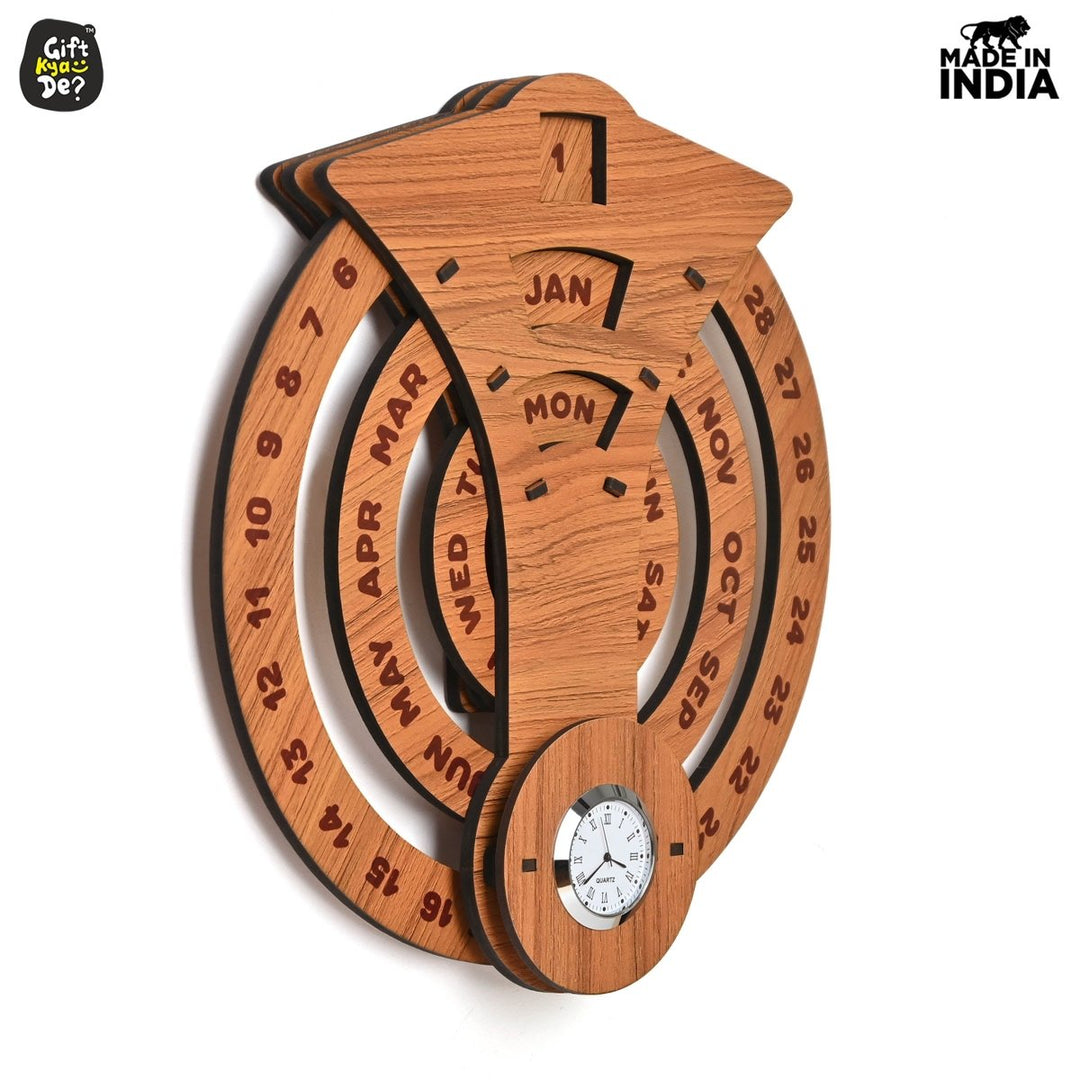 Gift Kya De Infinite Circular Wall Calendar (Dark Wood Theme) | Wood Calendar & Test Tube Planter | New Year Gift