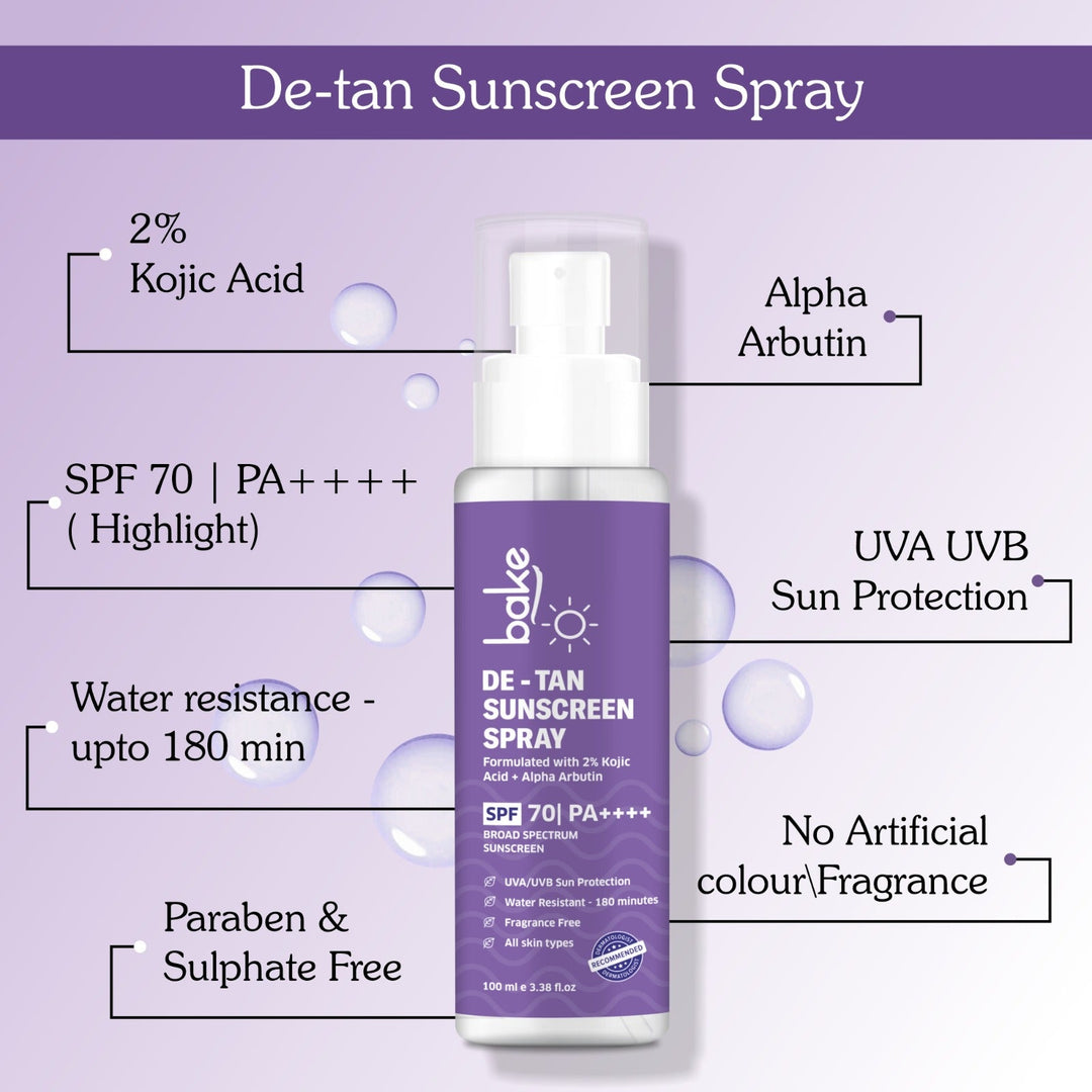 De-tan Waterproof Sunscreen Spray SPF 70 PA+++ with 2% Kojic Acid