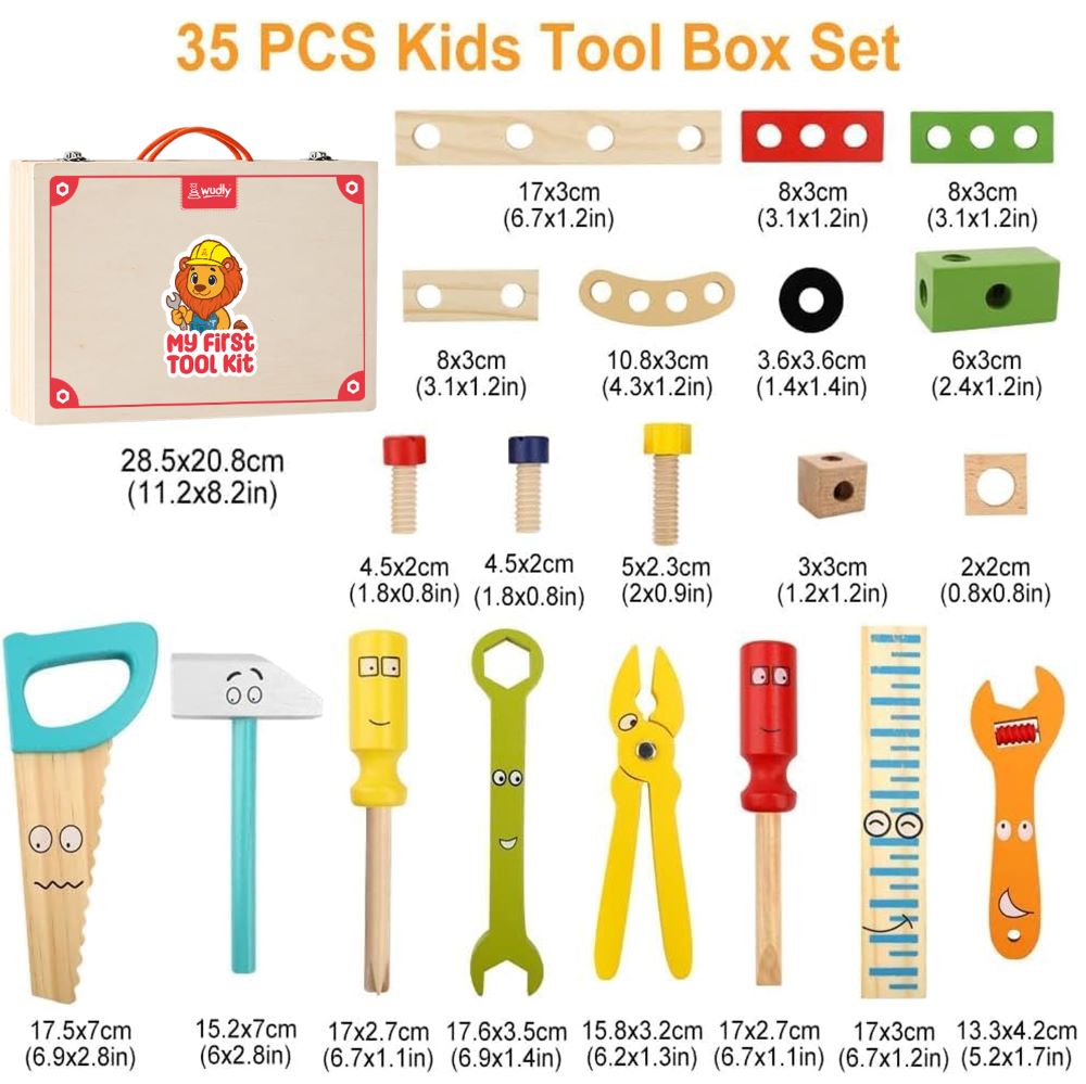 Wudly - Wooden Tool Box, Montessori Educational STEM Toys, Construction Learning Toys for 3+ Years Kids, Set of 53 pcs, Child Safe Certified, Multi color